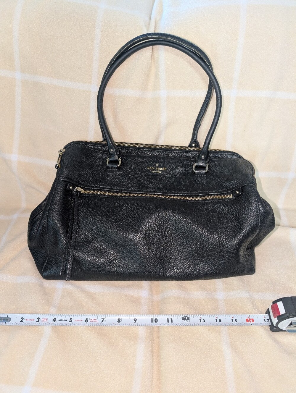 Kate Spade Black Pebbled Leather Shoulder Bag with Front Zip